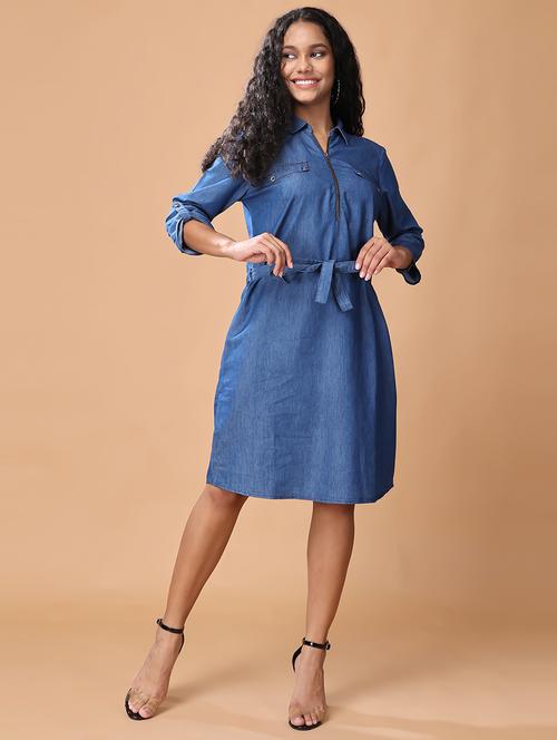 women solid collared roll up sleeves shirt dress - 21502997 -  Standard Image - 0