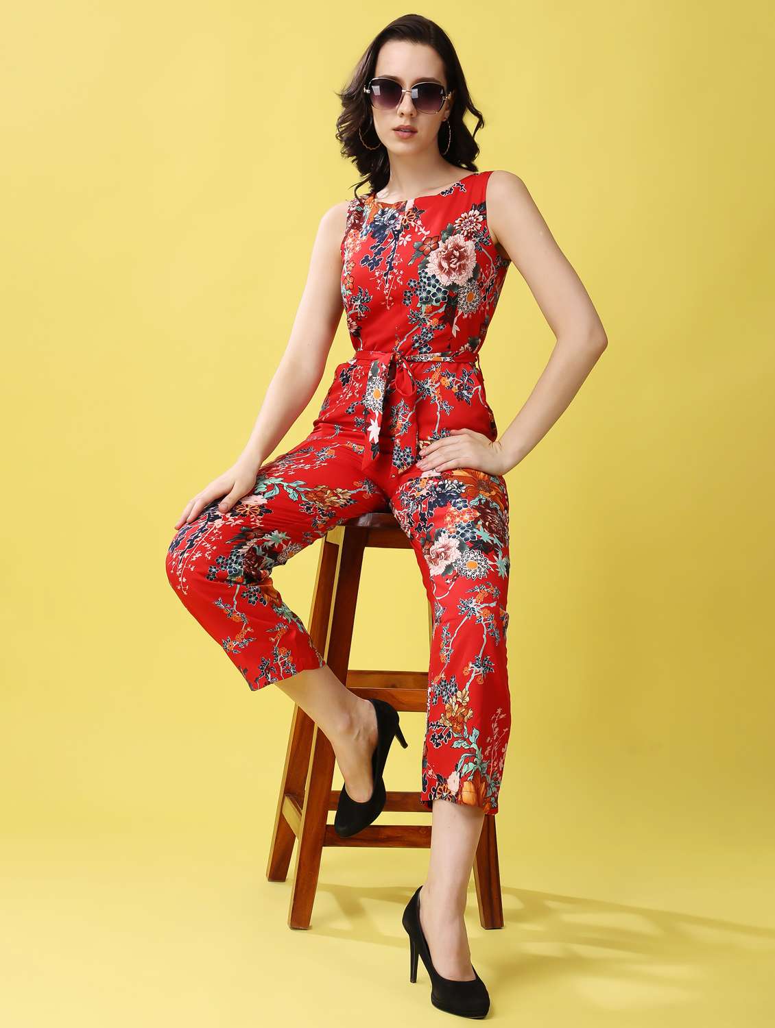 women floral print sleeveless full length jumpsuit