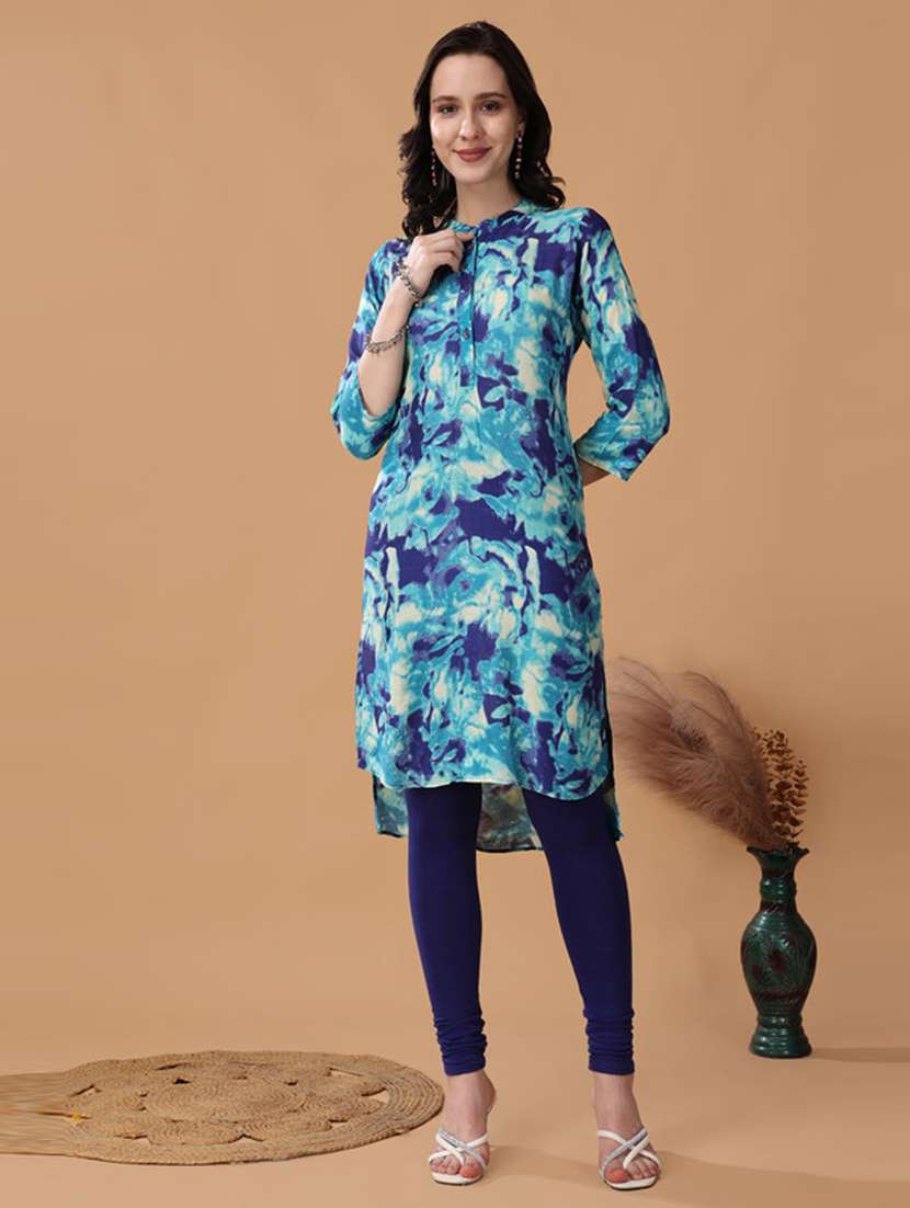 women blue printed high-low kurta