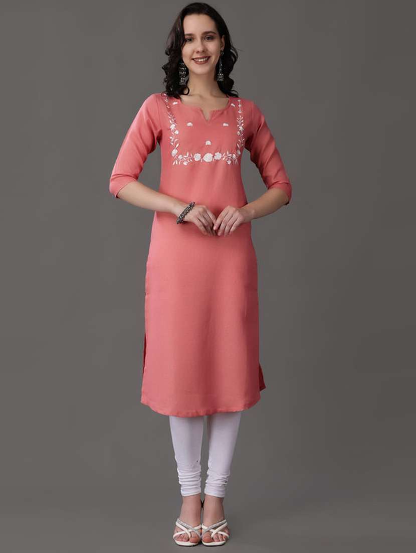 women pink embroidered a-line kurta