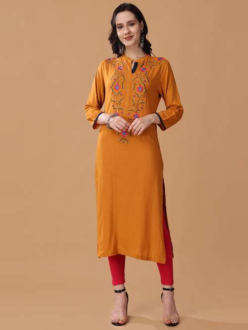 women mustard embroidered a-line kurta - 21503032 -  Standard Image - 0