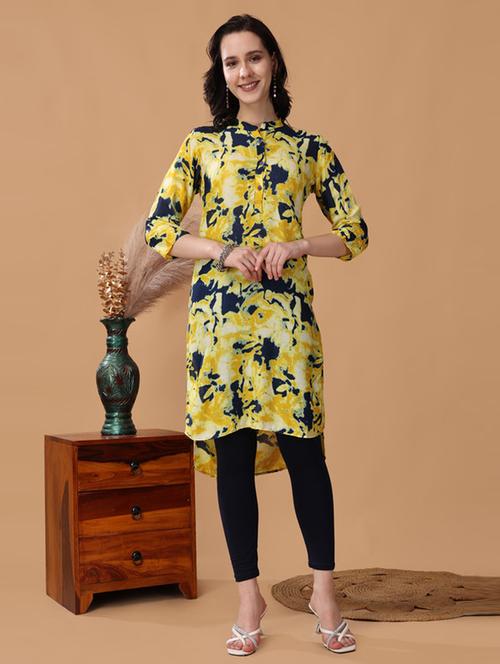 women yellow printed high-low kurta - 21503039 - Standard Image - 0