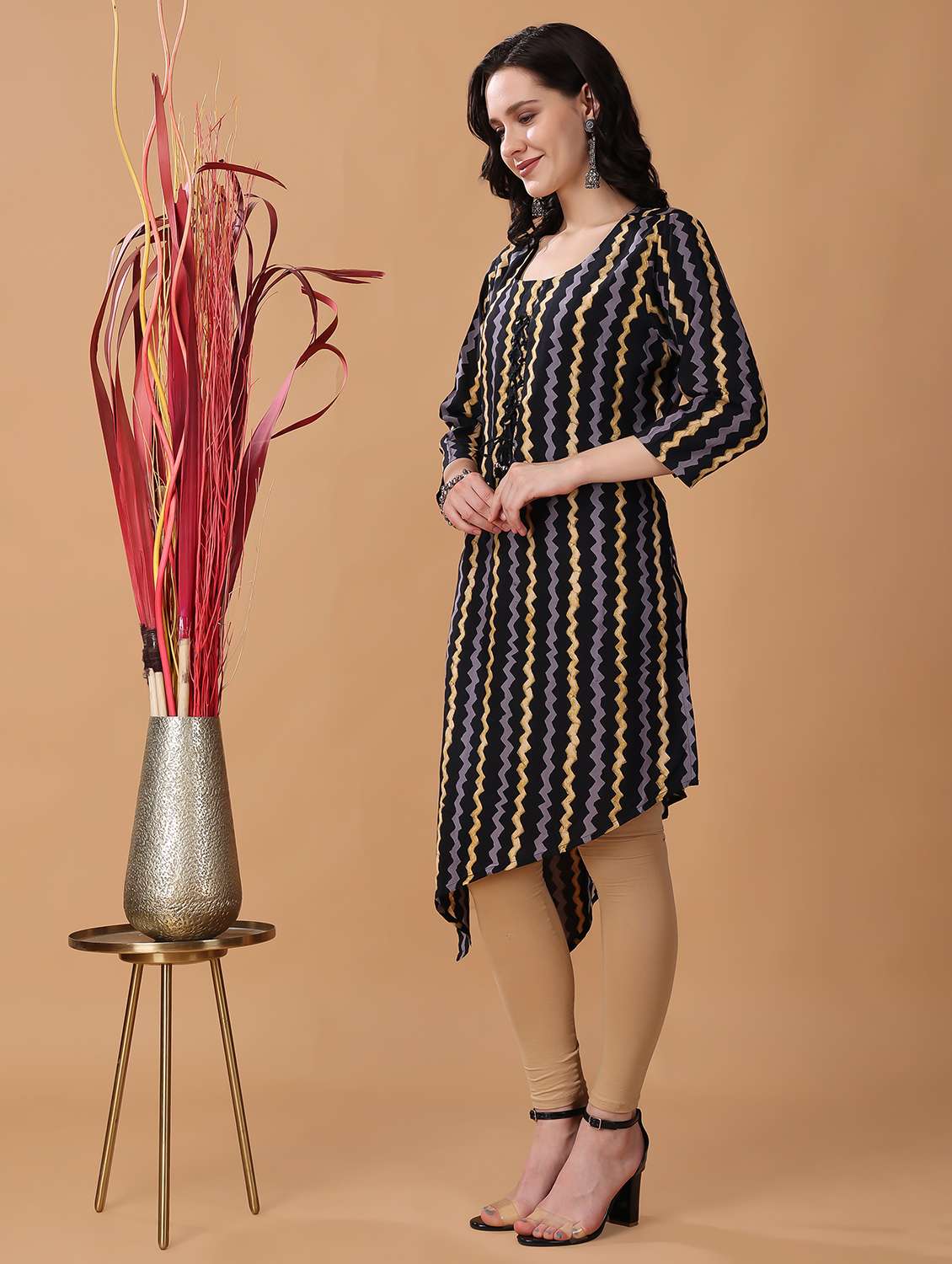 women black three quarter sleeve asymmetric kurta