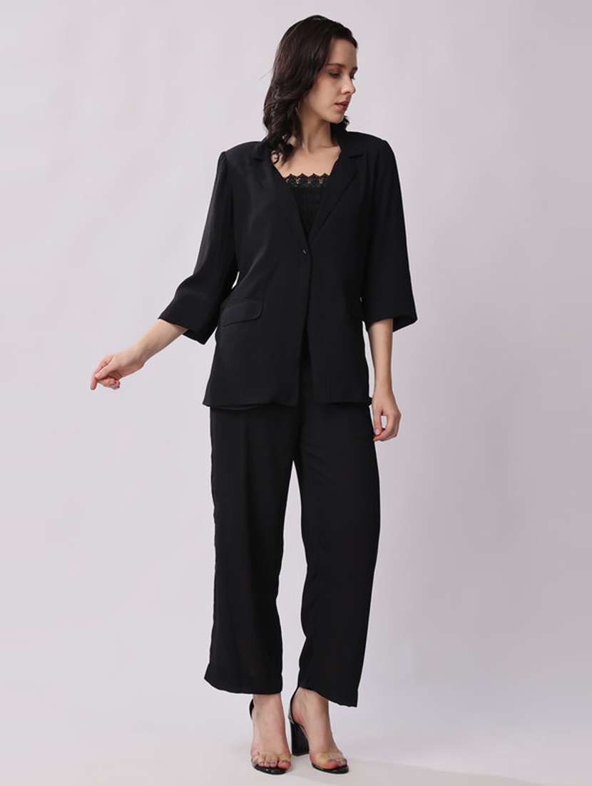 women black polyester blazer and trousers co-ord set