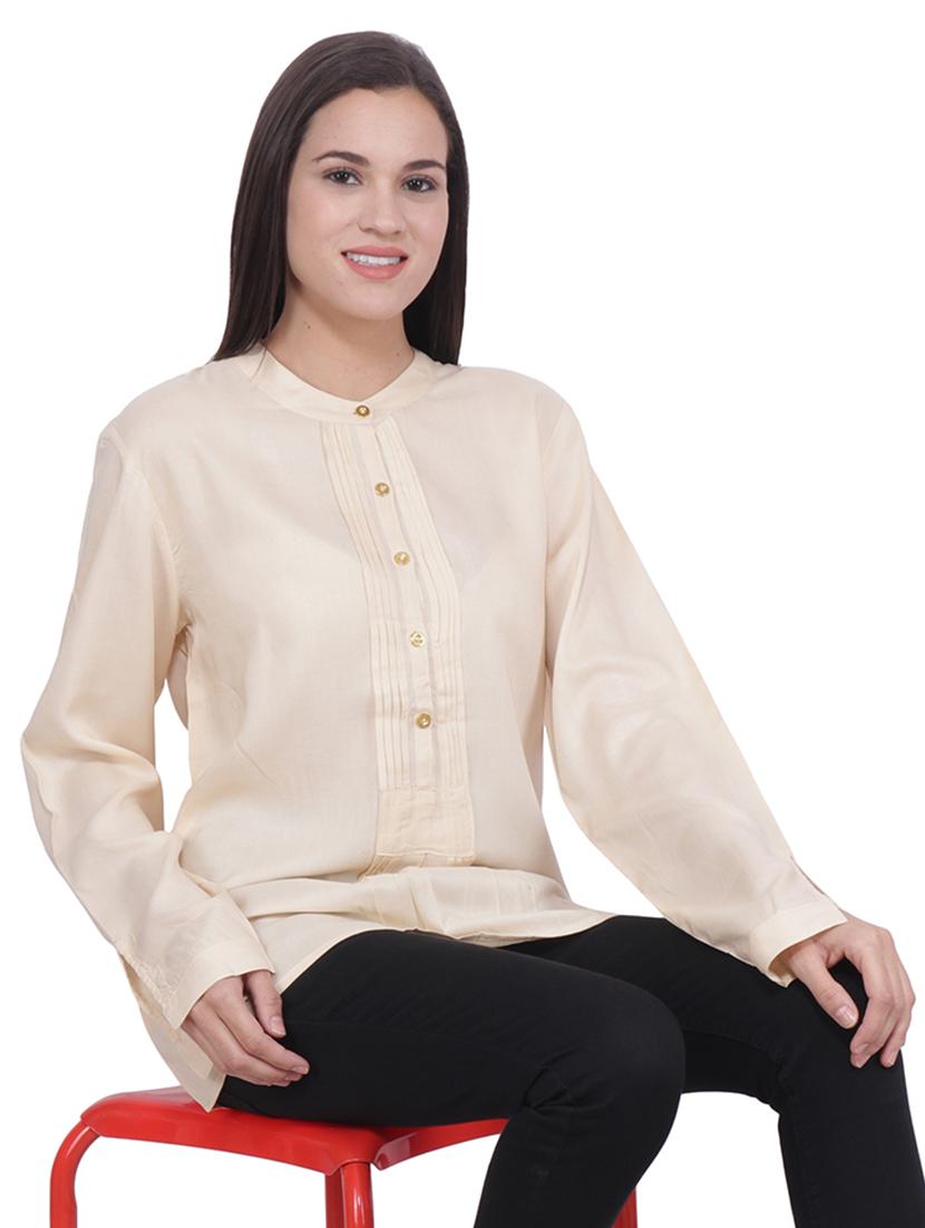 women beige solid long sleeve shirt top - 21503086 -  Zoom Image - 0