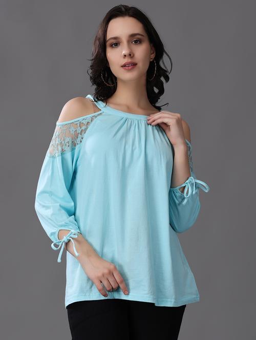 women light blue lace detailed cold shoulder top - 21503104 - Standard Image - 0