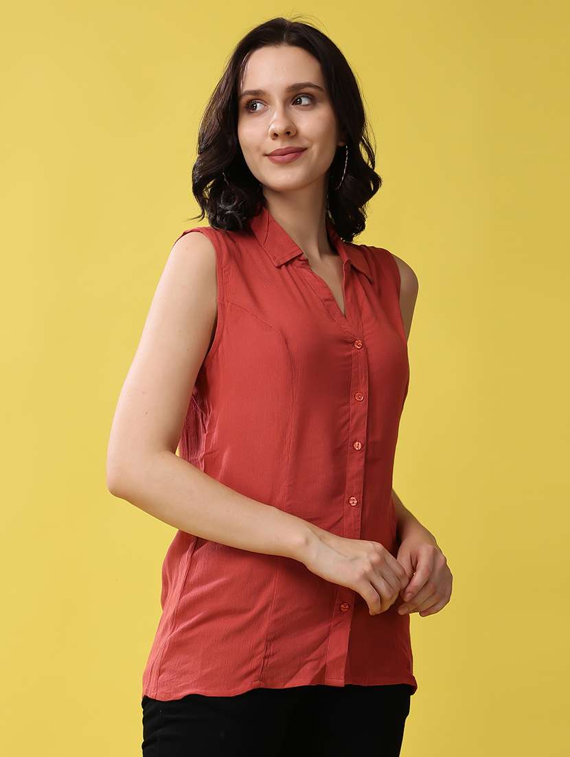 women rust solid sleeveless shirt top - 21503115 - Standard Image - 1