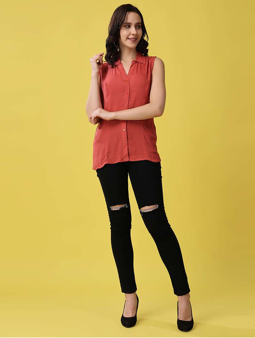 women rust solid sleeveless shirt top - 21503115 - Standard Image - 6