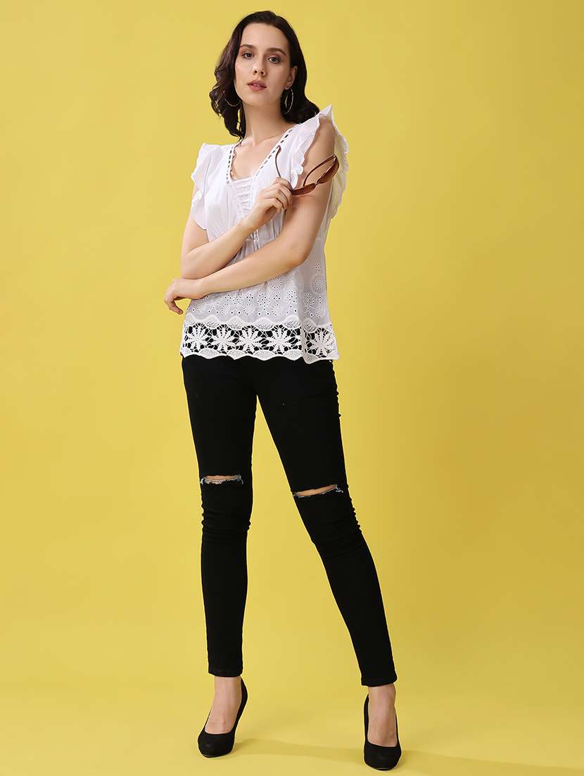 women white square neck schiffli detailed top - 21503120 - Standard Image - 6