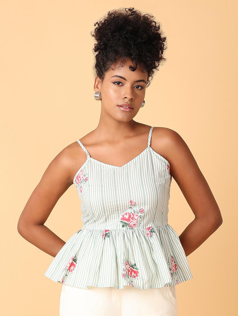 green printed peplum top
