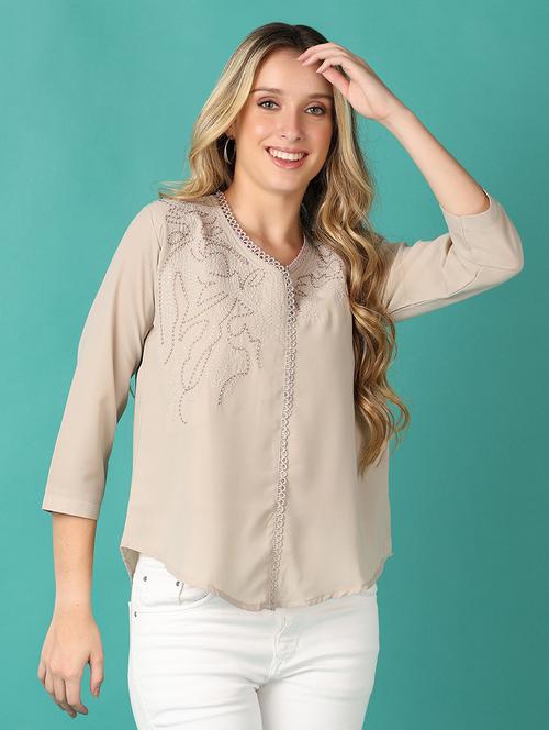 women beige three quarter sleeve top - 21503485 - Standard Image - 0