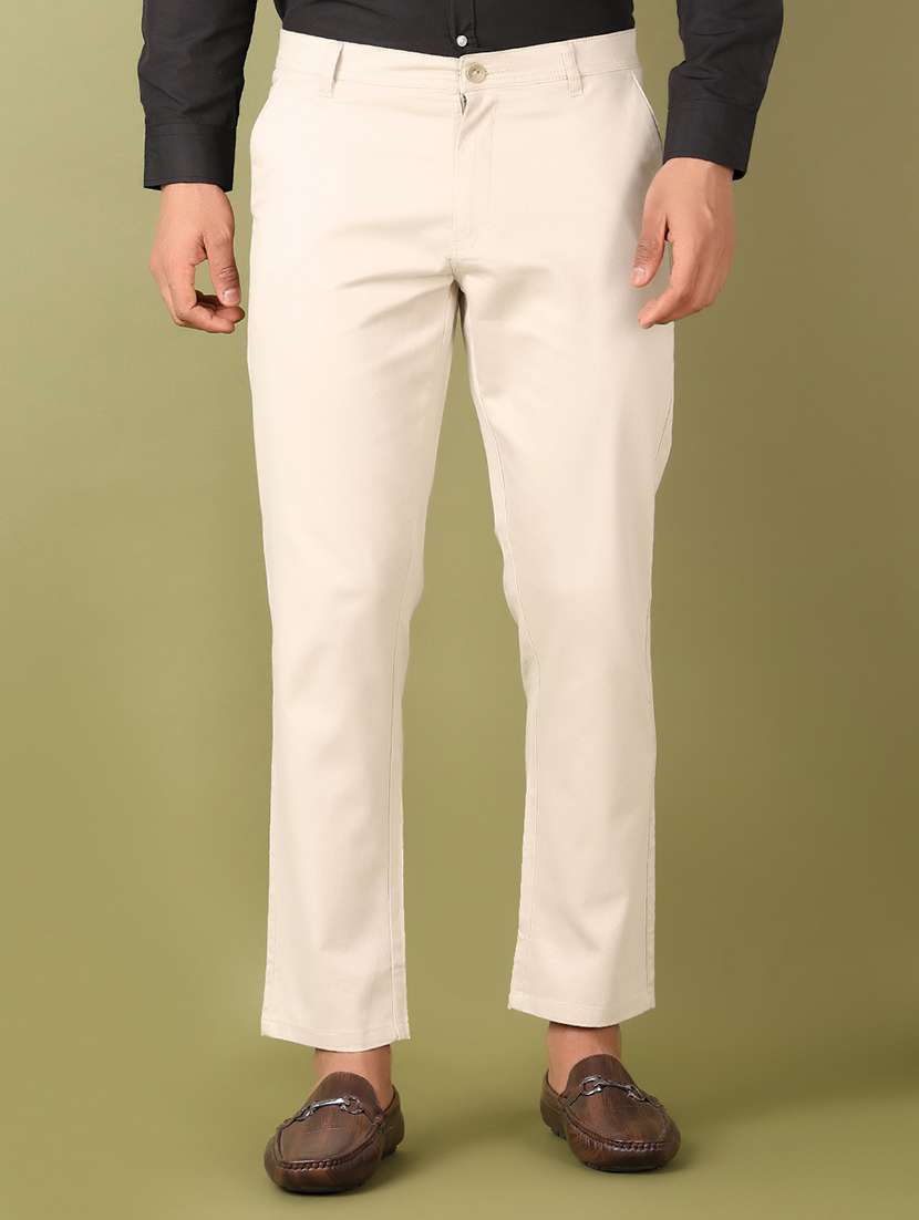 men solid mid rise flat front casual trouser