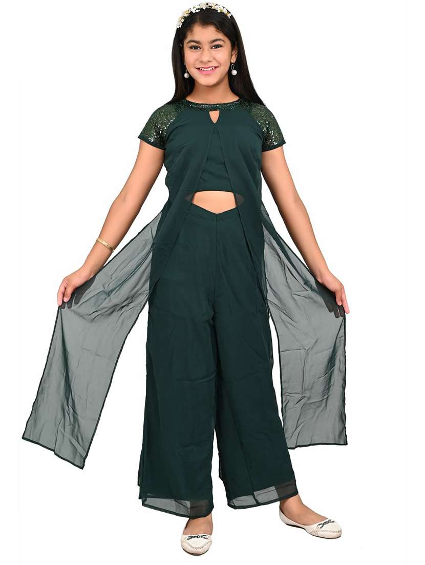 girls green georgette full leg jumpsuit