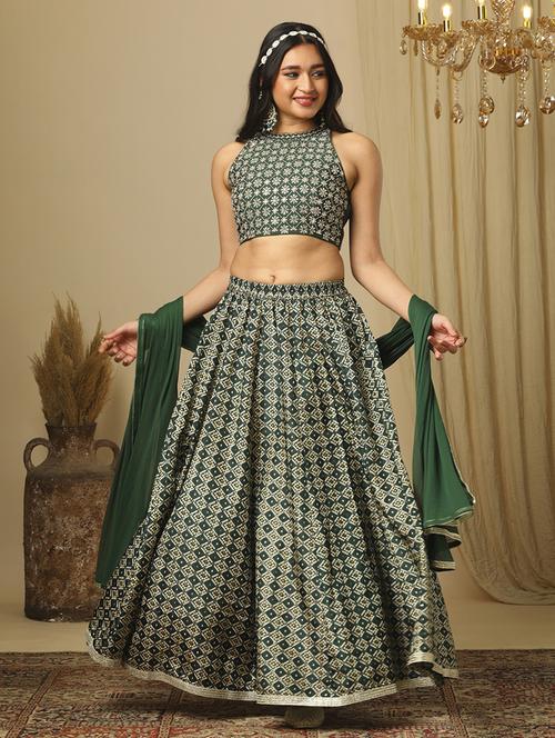 women's green halter neck floral embroidery blouse & bandhani print lehenga with dupatta festive co-ords set - 21504015 - Standard Image - 0