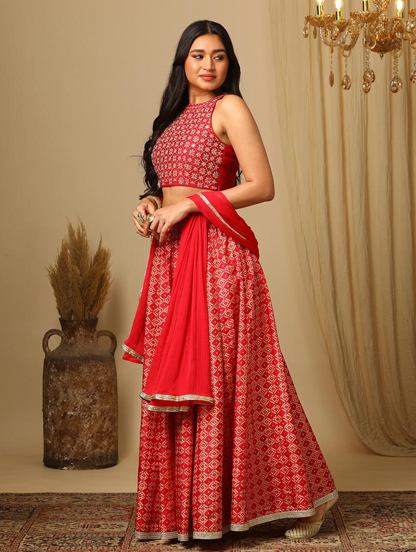 women's pink halter neck floral embroidery blouse & bandhani print lehenga with dupatta festive co-ords set