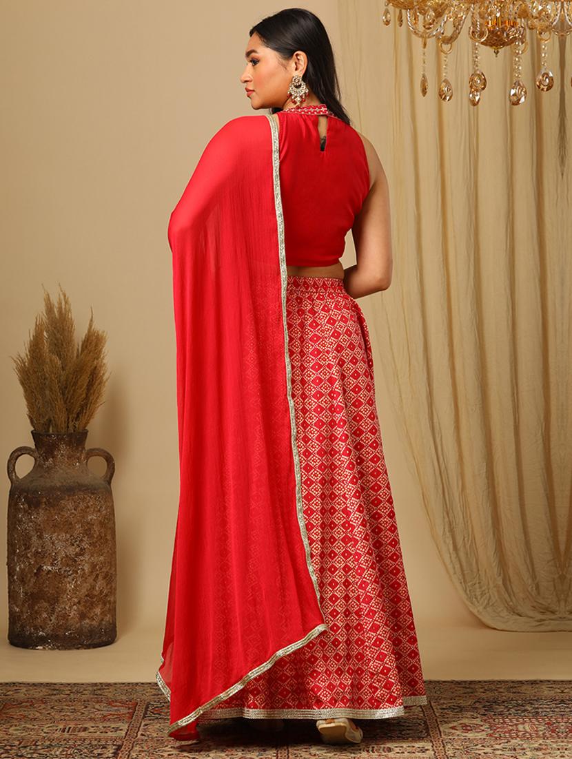 women's pink halter neck floral embroidery blouse & bandhani print lehenga with dupatta festive co-ords set - 21504016 - Standard Image - 1