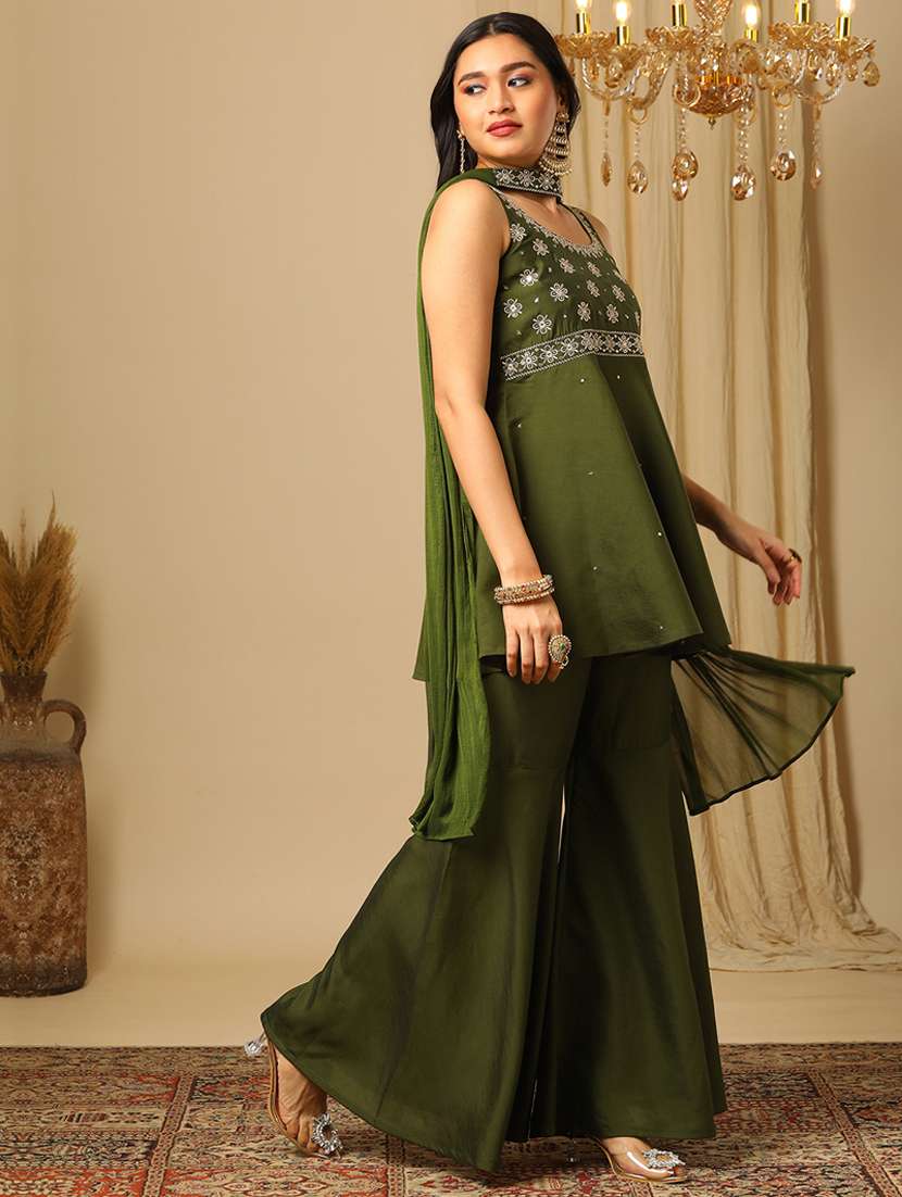 women's green zari floral embroidered yoke with sequinned detail tunic & gharara pants with choker dupatta co-ord set - 21504018 -  Standard Image - 1