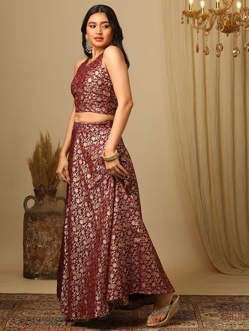 women's burgundy brocade floral jaal print halter neck stylised back blouse & flared lehenga festive co-ords set - 21504019 -  Standard Image - 1