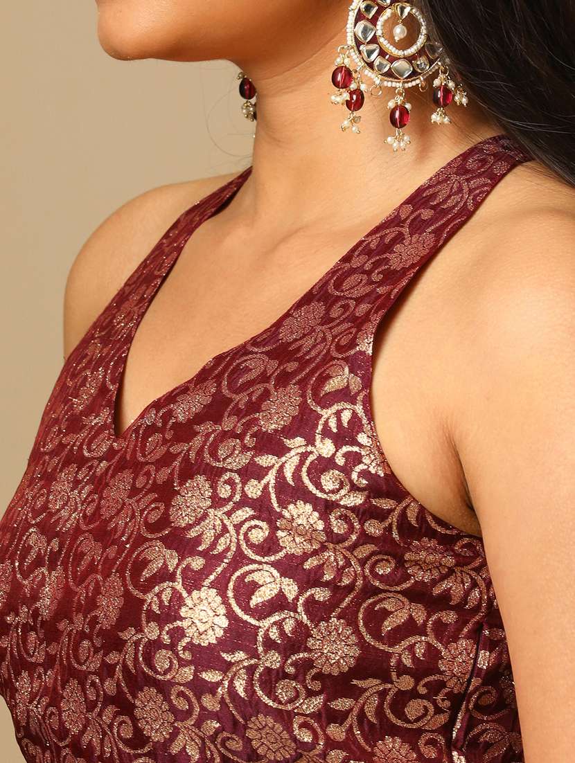 women's burgundy brocade floral jaal print halter neck stylised back blouse & flared lehenga festive co-ords set - 21504019 -  Standard Image - 4