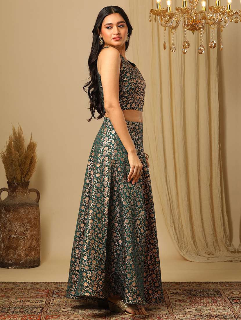 women's green brocade floral jaal print halter neck stylised back blouse & flared lehenga festive co-ords set - 21504020 -  Standard Image - 1