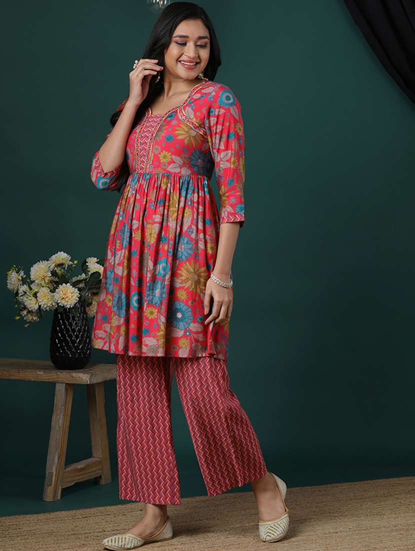 women's pink allover floral printed peplum tunic & partially elasticated chevron print trouser co-ords set - 21504022 -  Standard Image - 1