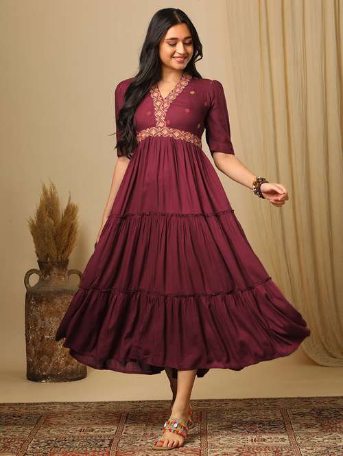 women's burgundy embroidered v-neck puff sleeves boho tiered fusion fit & flare maxi dress - 21504024 - Standard Image - 0
