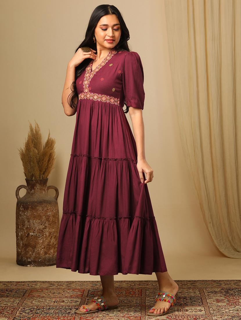 women's burgundy embroidered v-neck puff sleeves boho tiered fusion fit & flare maxi dress - 21504024 -  Standard Image - 1