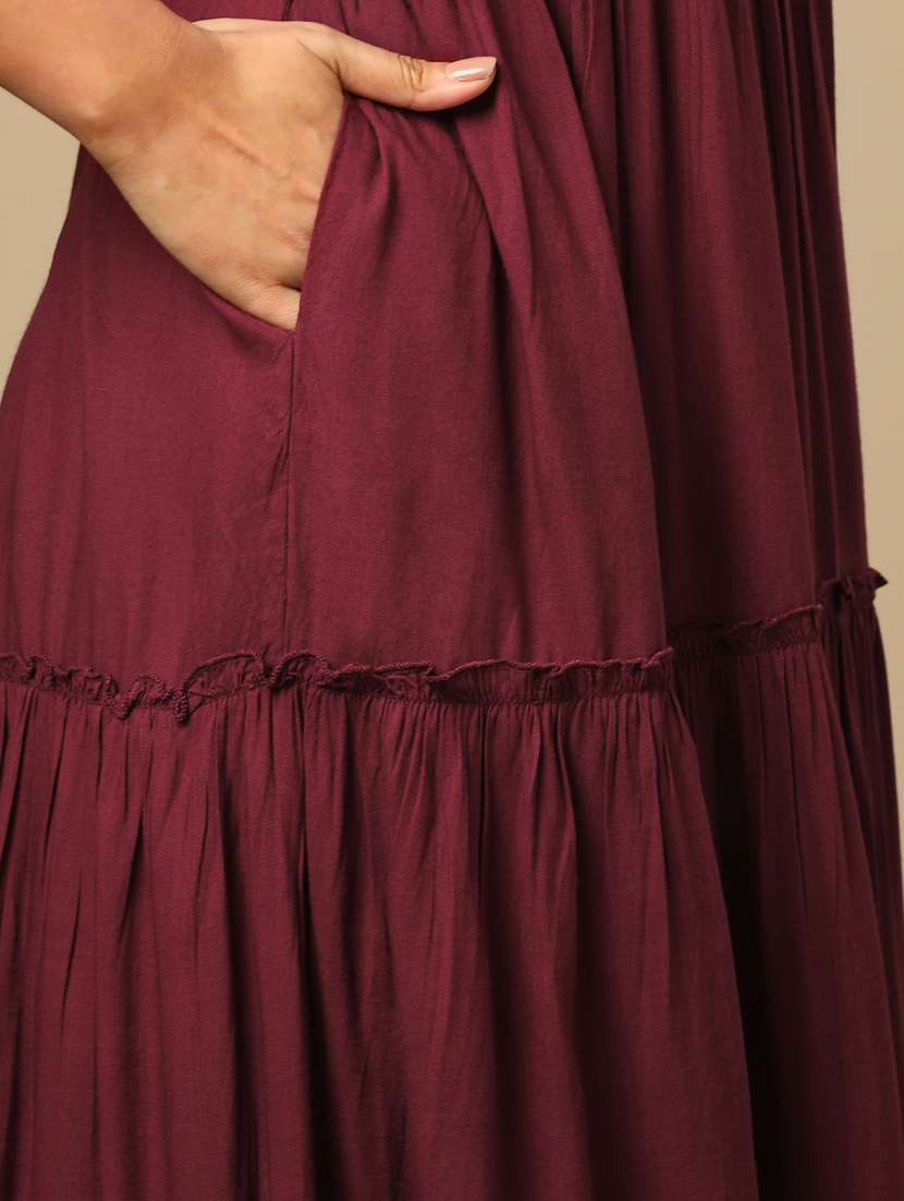 Women's Burgundy Embroidered V Neck Puff Sleeves Boho Tiered Fusion Fit & Flare Maxi Dress