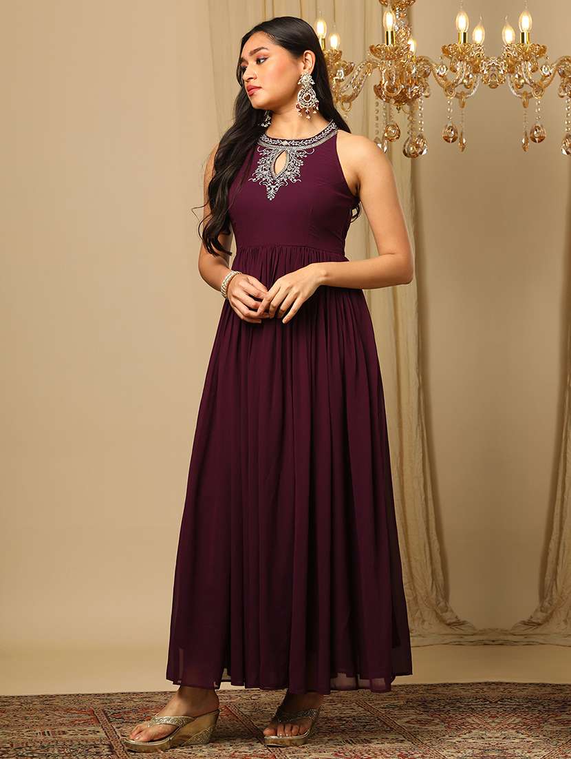 women's purple zari embroidered & sequinned keyhole halter neck fit & flare fusion maxi dress - 21504026 -  Standard Image - 1