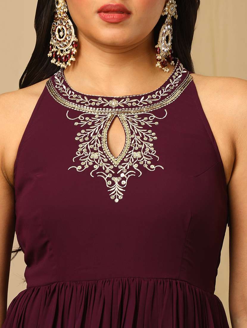 women's purple zari embroidered & sequinned keyhole halter neck fit & flare fusion maxi dress - 21504026 -  Standard Image - 4