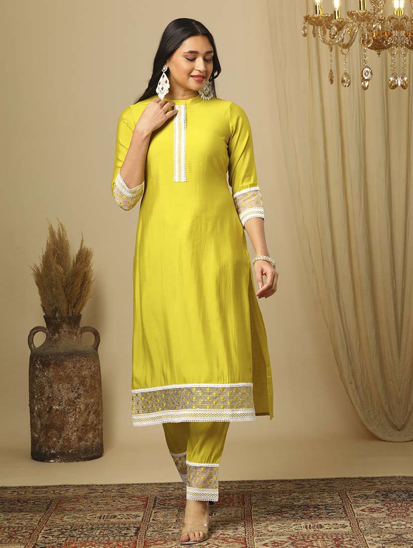 women's lime green mandarin collar embroidered sequin lace detail straight kurta & pants festive set