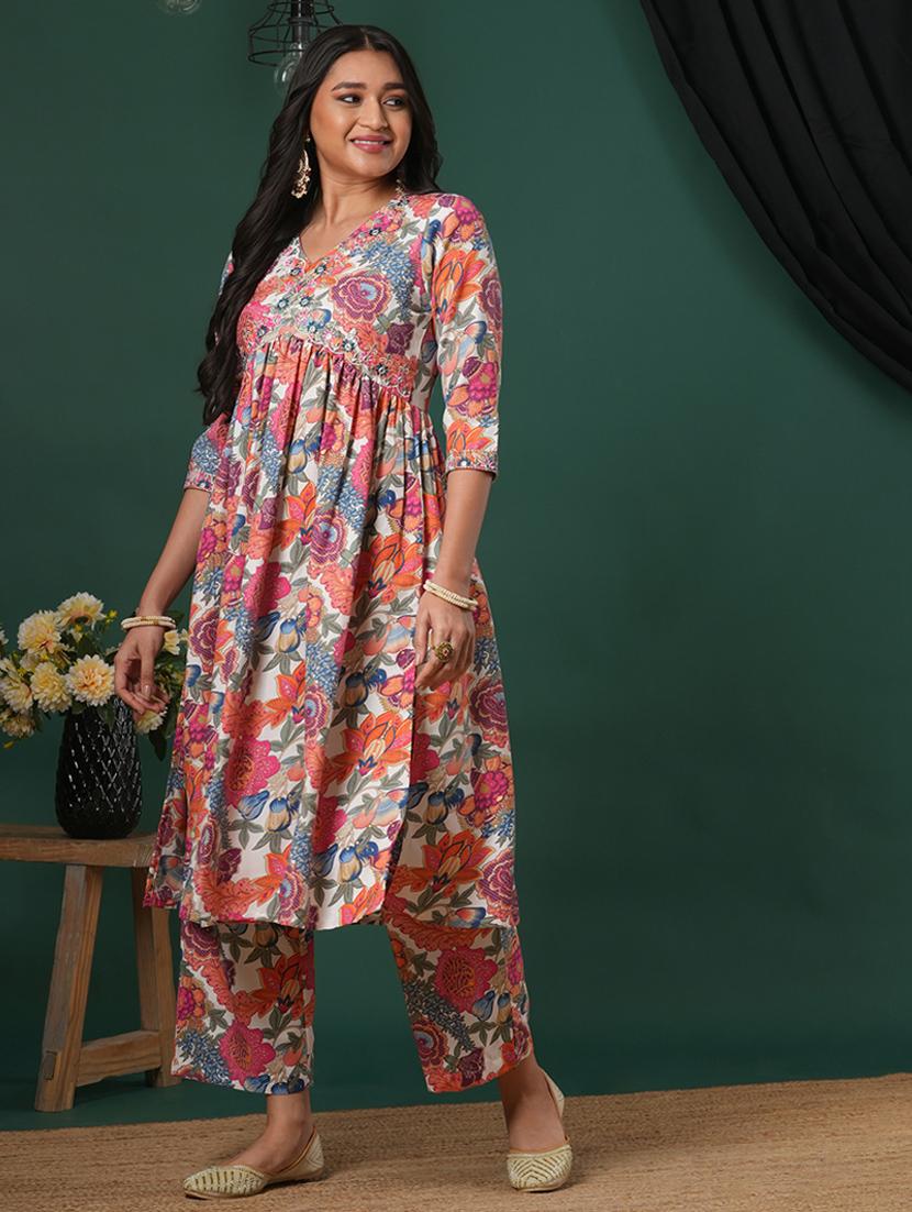 women's coral v-neck embroidered detail floral printed high slit a-line aliya cut kurta & pants fusion set - 21504035 - Standard Image - 1