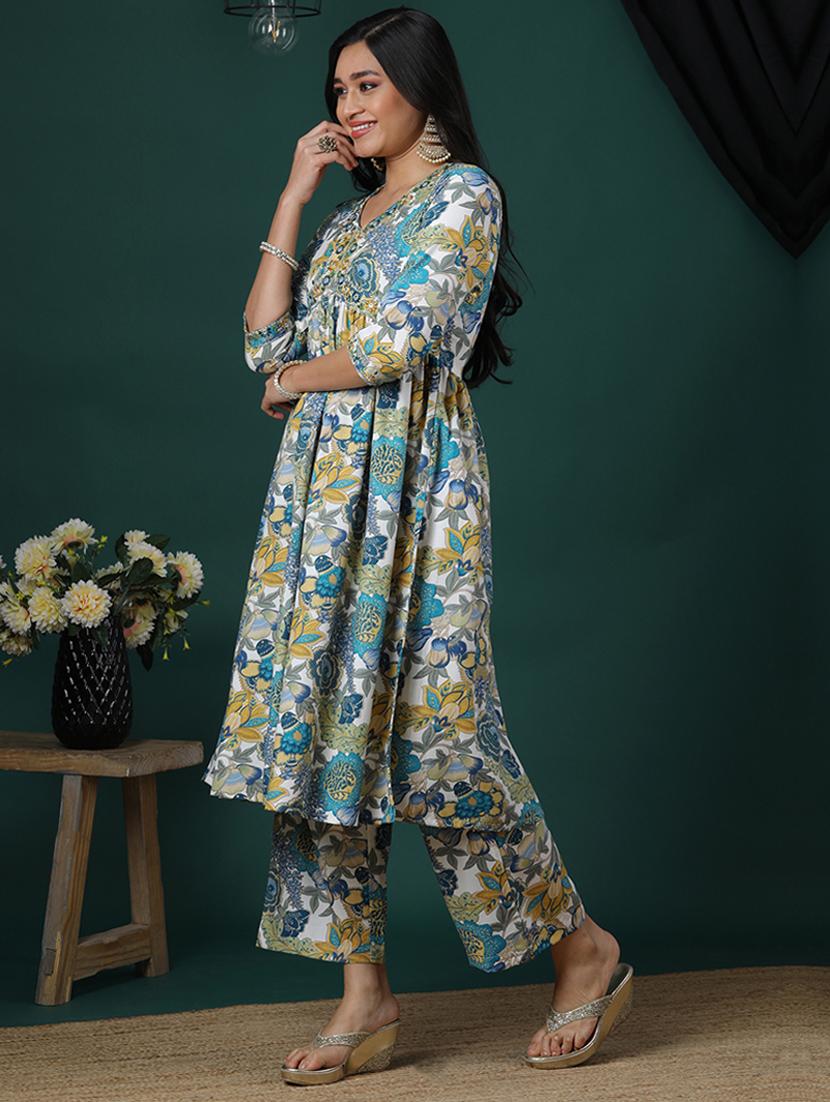 women's green v-neck embroidered detail floral printed high slit a-line aliya cut kurta & pants fusion set - 21504036 - Standard Image - 1