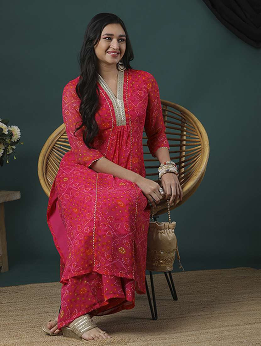 women's pink v-neck gotta lace bandhani print panelled a-line kurta & flared palazzos festive set - 21504037 -  Standard Image - 1