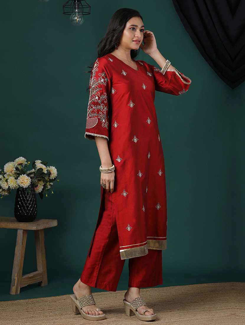 women's maroon v-neck zari embroidered fringe lace detailing bell sleeves straight kurta & elasticated pants festive set - 21504038 - Standard Image - 1