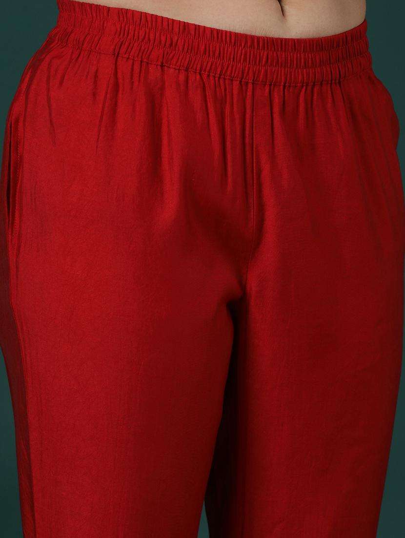 women's maroon zari embroidered v-neck straight kurta & elasticated pants festive set - 21504045 -  Standard Image - 1