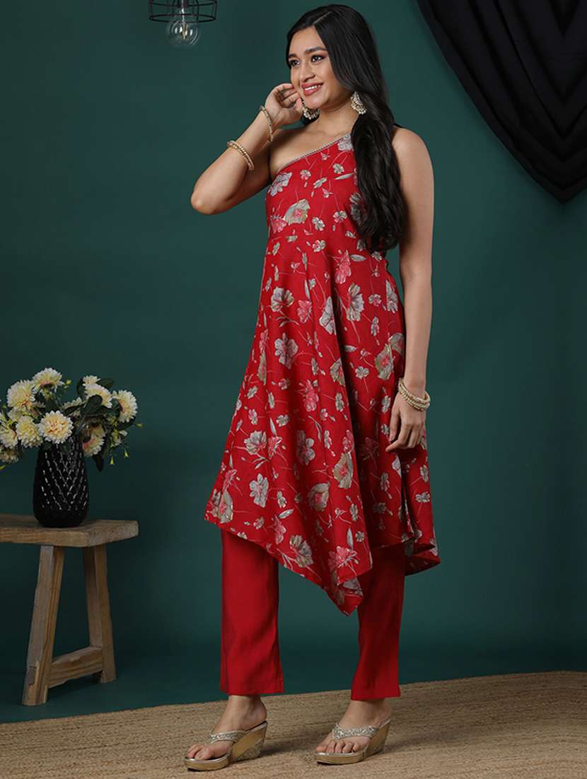 women's red one shoulder gotta lace detail silver highlight floral print asymmetric hem a-line kurta & pants fusion set - 21504046 - Standard Image - 1