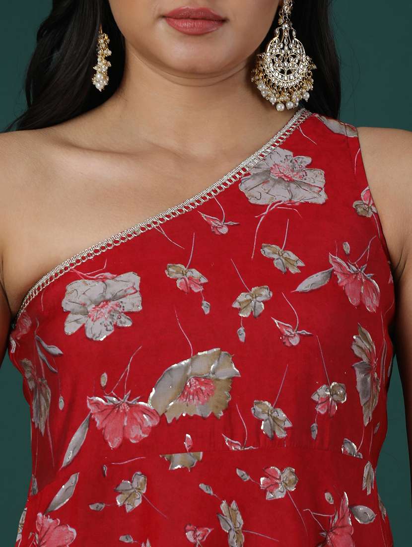 women's red one shoulder gotta lace detail silver highlight floral print asymmetric hem a-line kurta & pants fusion set - 21504046 - Standard Image - 4