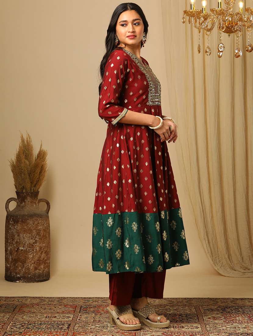 women's maroon sequin embroidered yoke gold foil print panelled anarkali kurta & elasticated pants festive set - 21504047 - Standard Image - 1