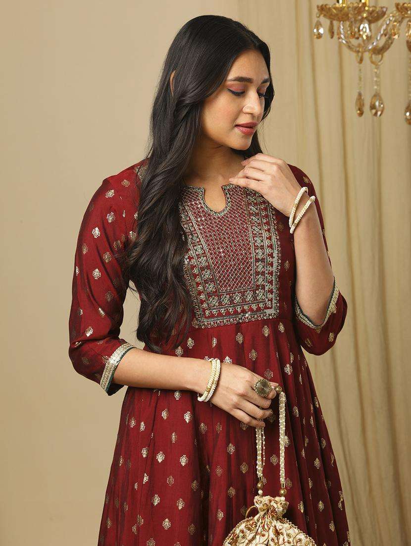 women's maroon sequin embroidered yoke gold foil print panelled anarkali kurta & elasticated pants festive set - 21504047 -  Standard Image - 1