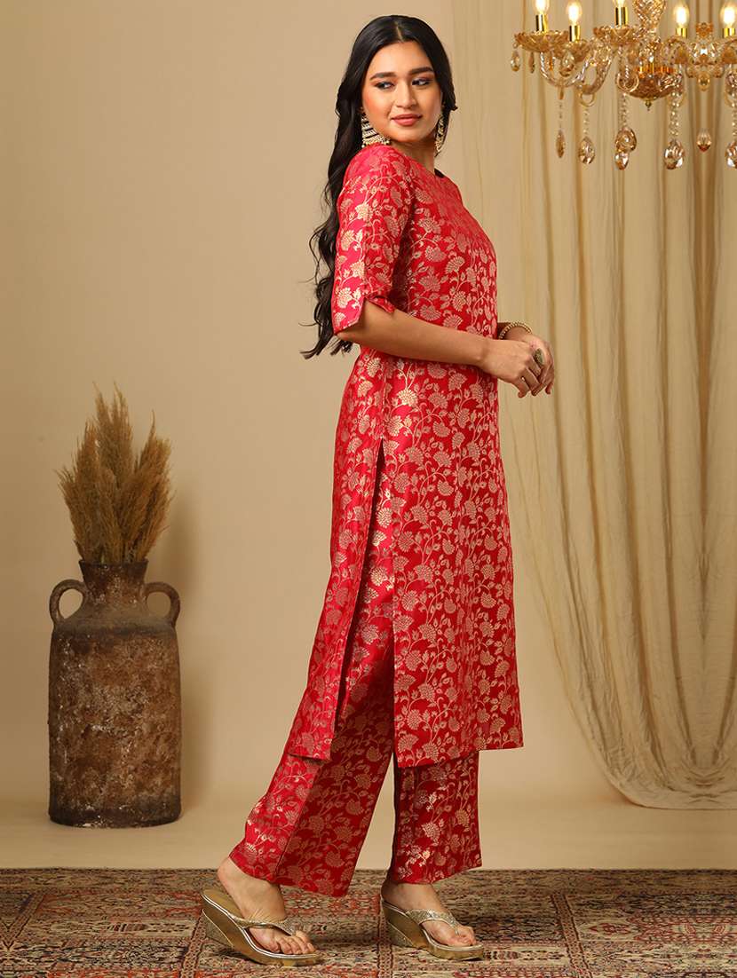 women's pink round neck elbow sleeves brocade floral jaal print straight kurta & elasticated pants festive set - 21504052 - Standard Image - 1