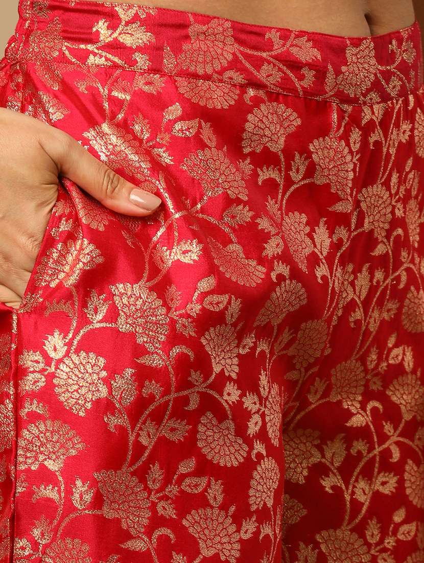 women's pink round neck elbow sleeves brocade floral jaal print straight kurta & elasticated pants festive set - 21504052 - Standard Image - 4