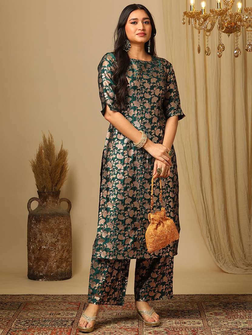women's green round neck elbow sleeves brocade floral jaal print straight kurta & elasticated pants festive set