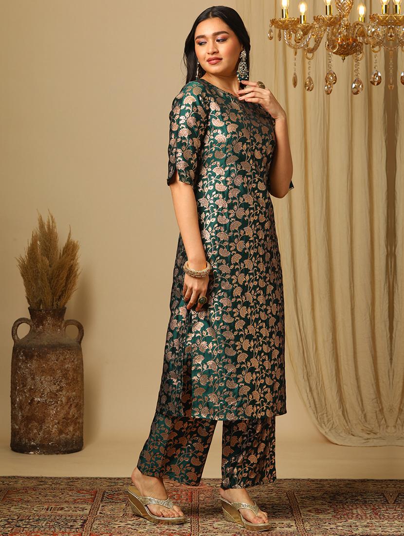 women's green round neck elbow sleeves brocade floral jaal print straight kurta & elasticated pants festive set - 21504053 - Standard Image - 1