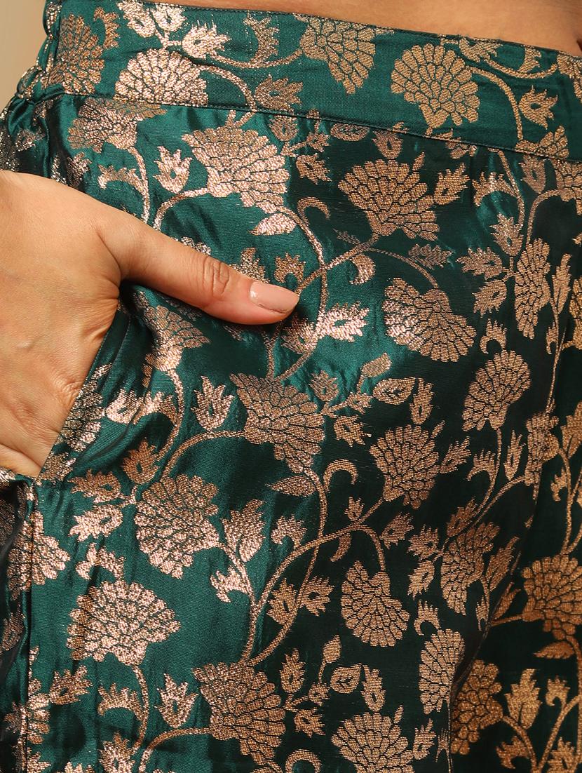 women's green round neck elbow sleeves brocade floral jaal print straight kurta & elasticated pants festive set - 21504053 - Standard Image - 4
