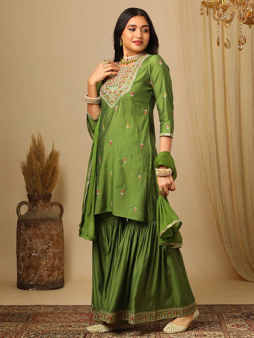 women's green floral embroidered yoke straight kurta gharara & gold lace detail dupatta festive set