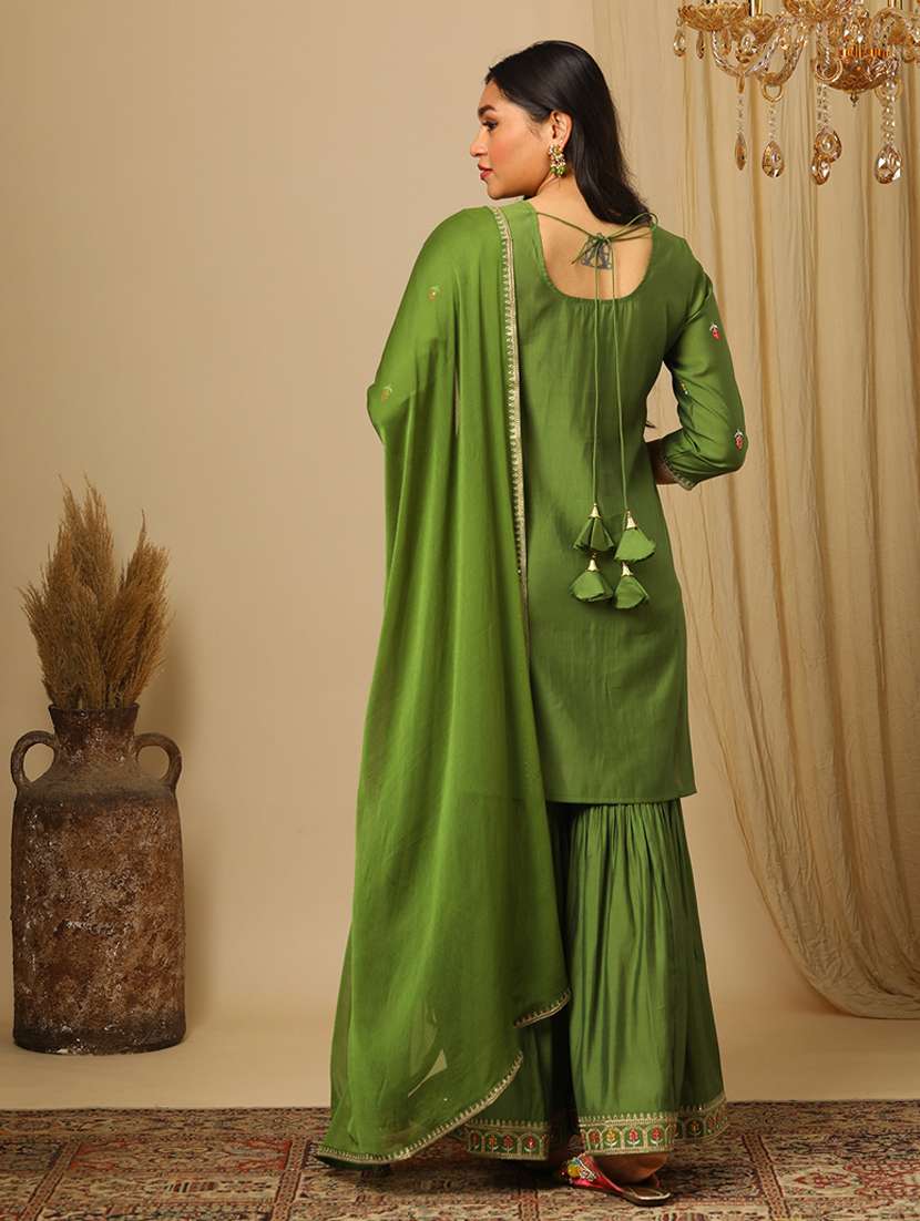 women's green floral embroidered yoke straight kurta gharara & gold lace detail dupatta festive set - 21504054 -  Standard Image - 1