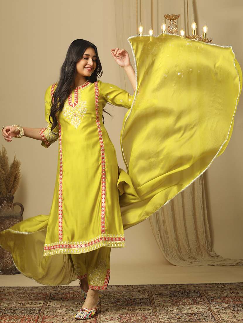 women's lime green zari embroidered yoke panelled straight kurta pants & lace detail dupatta festive set