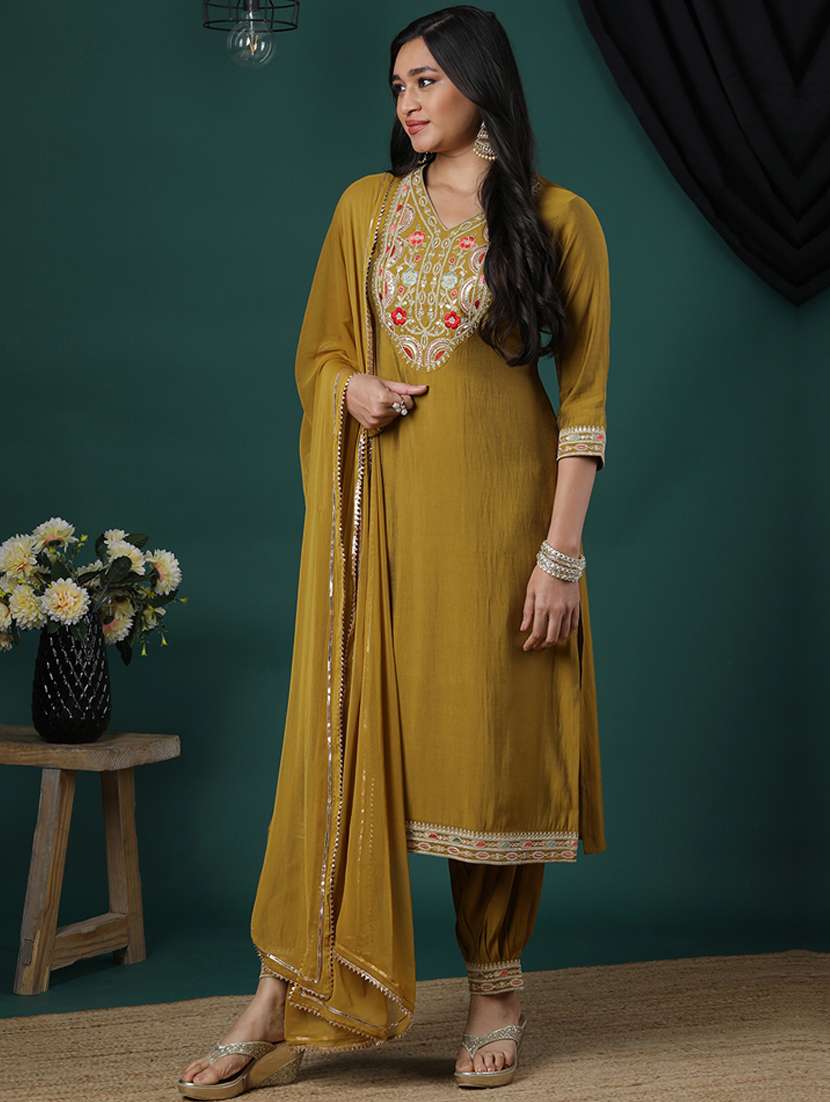women's mustard sequinned & floral embroidered v-neck straight kurta afghani pants & dupatta festive set - 21504056 -  Standard Image - 1