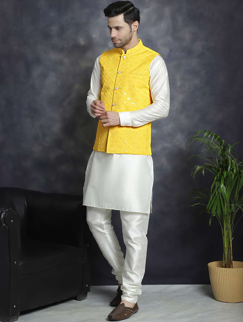 men embroidered kurta churidar with jacket ethnic wear set - 21505293 -  Standard Image - 1